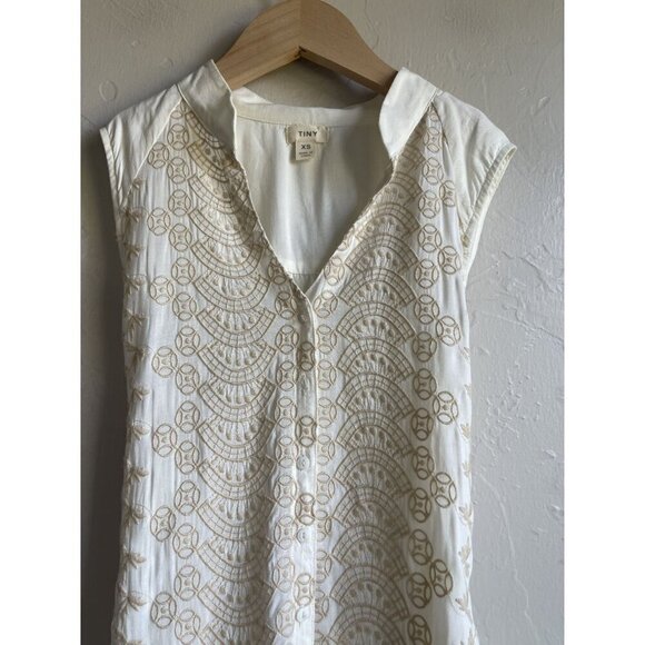 Anthropologie x TINY White Tan Embroidered Tie Waist Sleeveless Tunic Top Size X - Picture 3 of 8